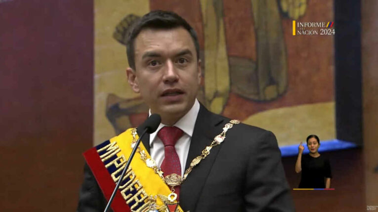 El presidente Daniel Noboa durante su primer Informe a la Nación, el 24 de mayo de 2024.