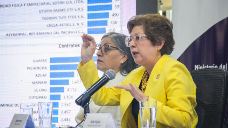 Ministra de Trabajo, Ivonne Núñez, en un evento del Ministerio de Trabajo, el 29 de mayo de 2024, en Quito. Imagen referencial.