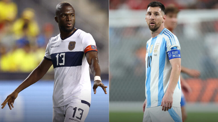 Enner Valencia, de Ecuador, y Lionel Messi, de Argentina, durante un partido en la fase de grupos de la Copa América.