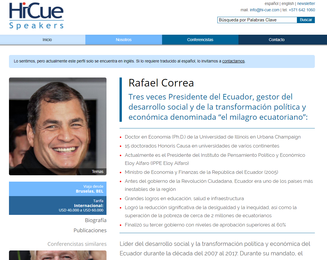 Perfil de Rafael Correa en la página de HiCue Speakers.