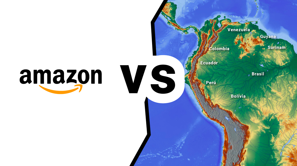 Marca Aamazon y mapa con los países con acceso a la cuenca del Amazonas