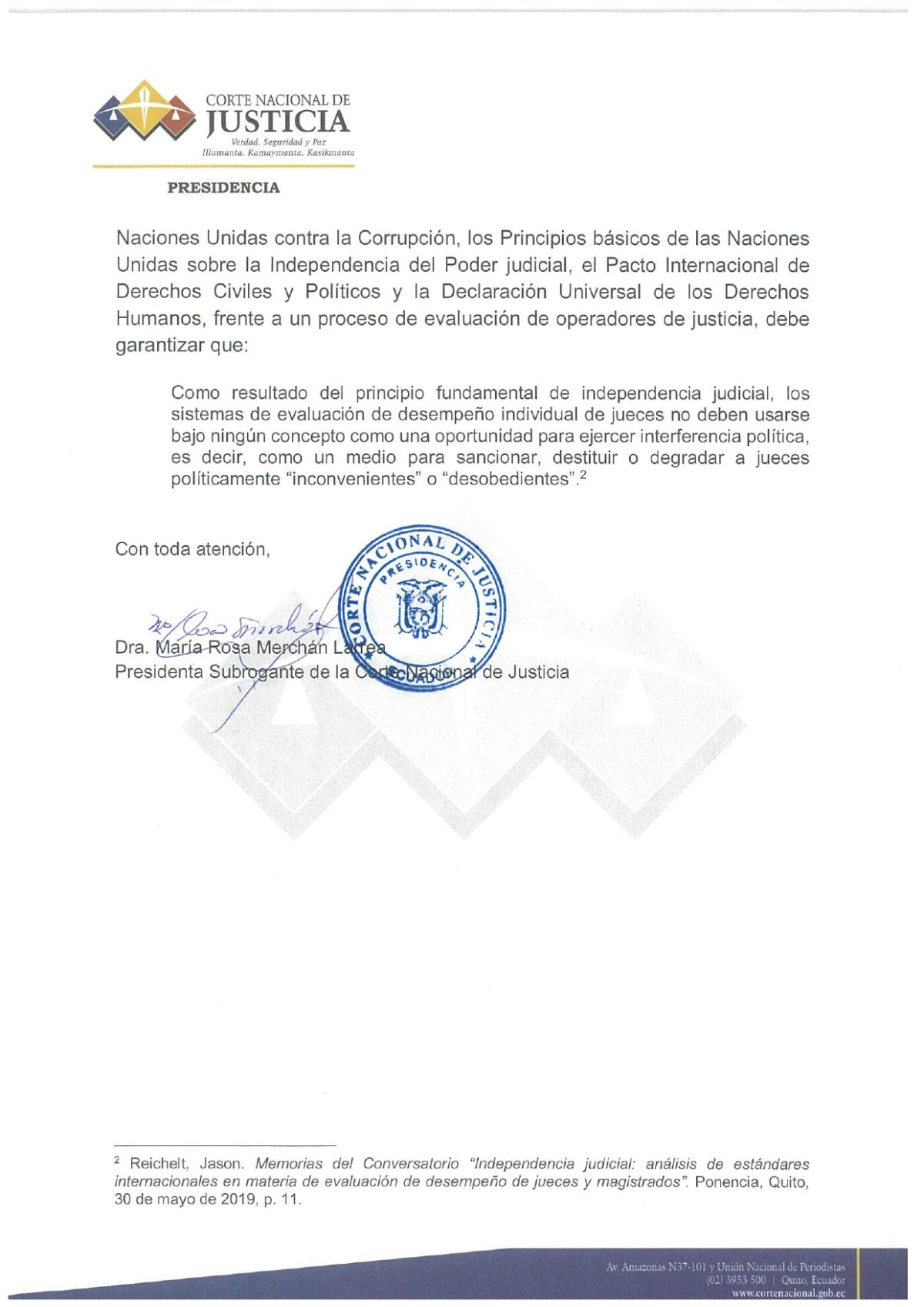 Respuesta de la presidenta subrogante de la CNJ, María Rosa Merchán, a la invitación de la Judicatura.