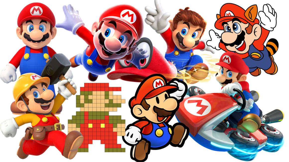 Ocho versiones del personaje de videojuegos Mario Bros