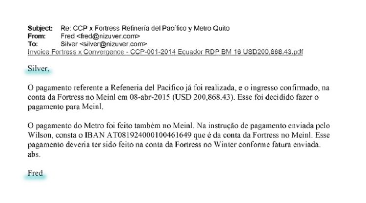 Correo electrónico que revelaría el pago por Odebrecht para el contrato del Metro. 