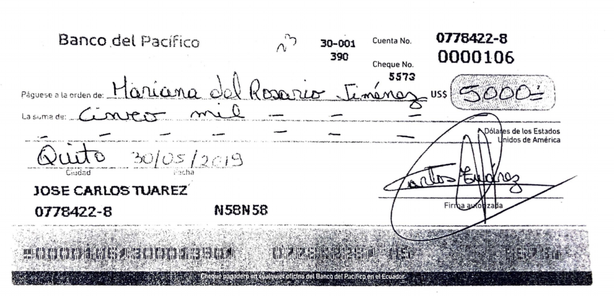 El cheque que el cura José Tuárez entregó a la señorita Jiménez.