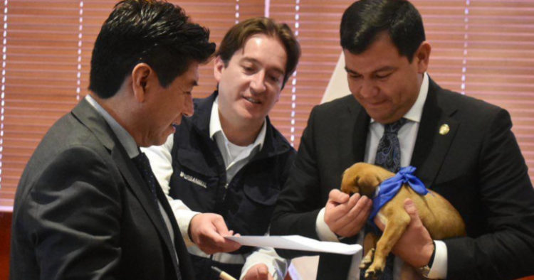 Jorge Yunda, alcalde de Quito, entrega una mascota al presidente de la Asamblea, Litardo García.