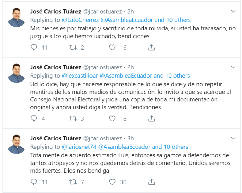 Captura de los mensajes de José Tuárez en Twitter.