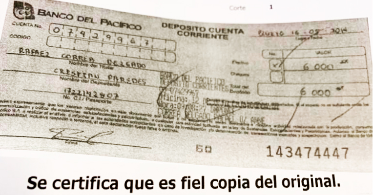 Depósito por USD 6.000 realizado en la cuenta de Rafael Correa el 16 de mayo de 2014.
