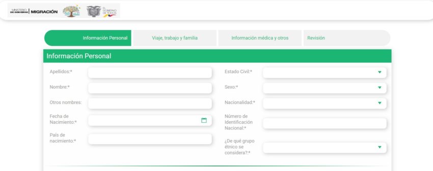 Captura de pantalla del formulario en línea para el registro de ciudadanos venezolanos en Ecuador. 