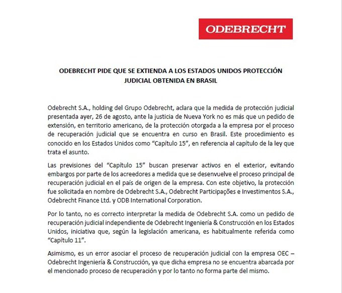 Comunicado de Odebrecht del 27 de agosto de 2019, sobre la extensión de la protección judicial.