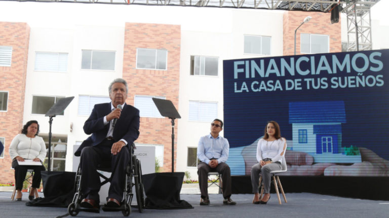 El presidente Lenín Moreno, durante el evento Casa Para Todos del BIESS, en Quito, el 20 de agosto de 2019.