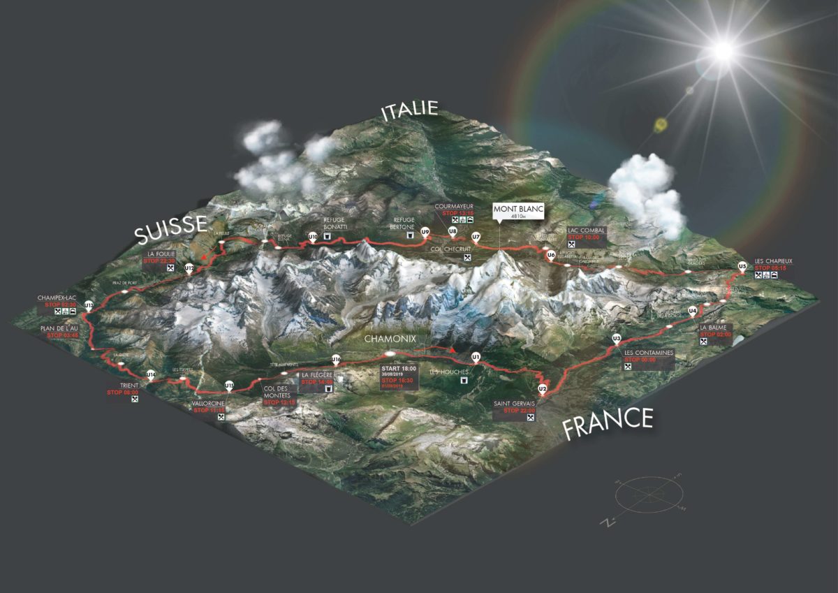 Trayecto del UTMB. Los deportistas recorren alrededor del macizo de Mont Blanc en Francia, Italia y Suiza. 