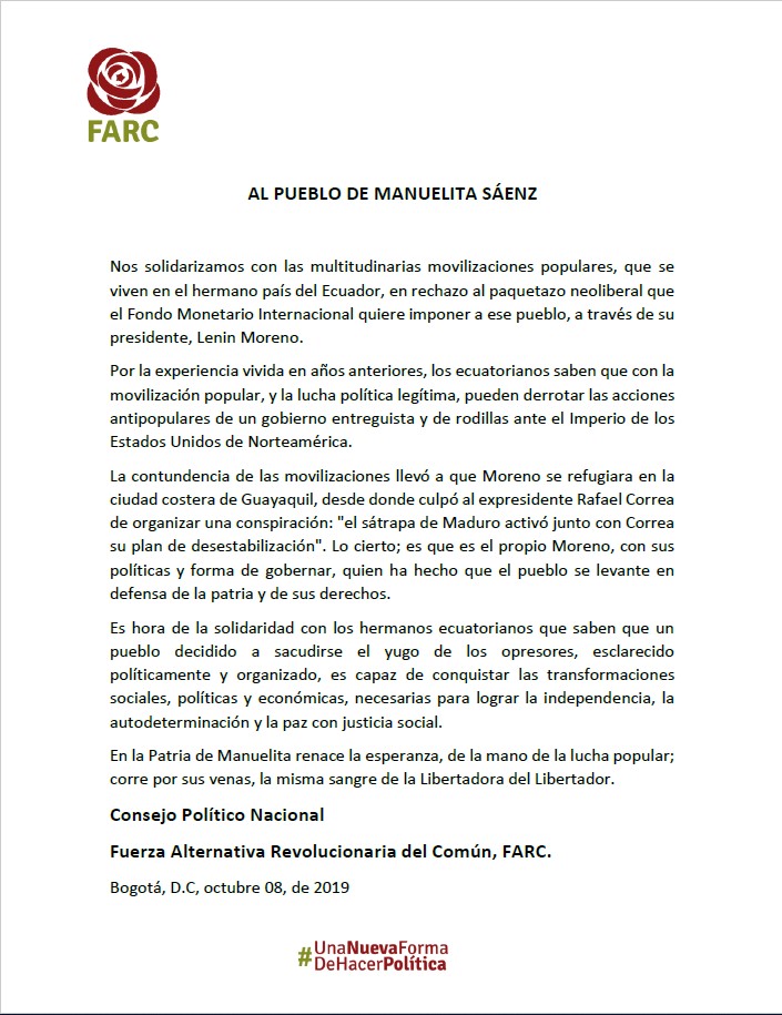 Comunicado de un ala de las FARC, del 8 de octubre de 2019.