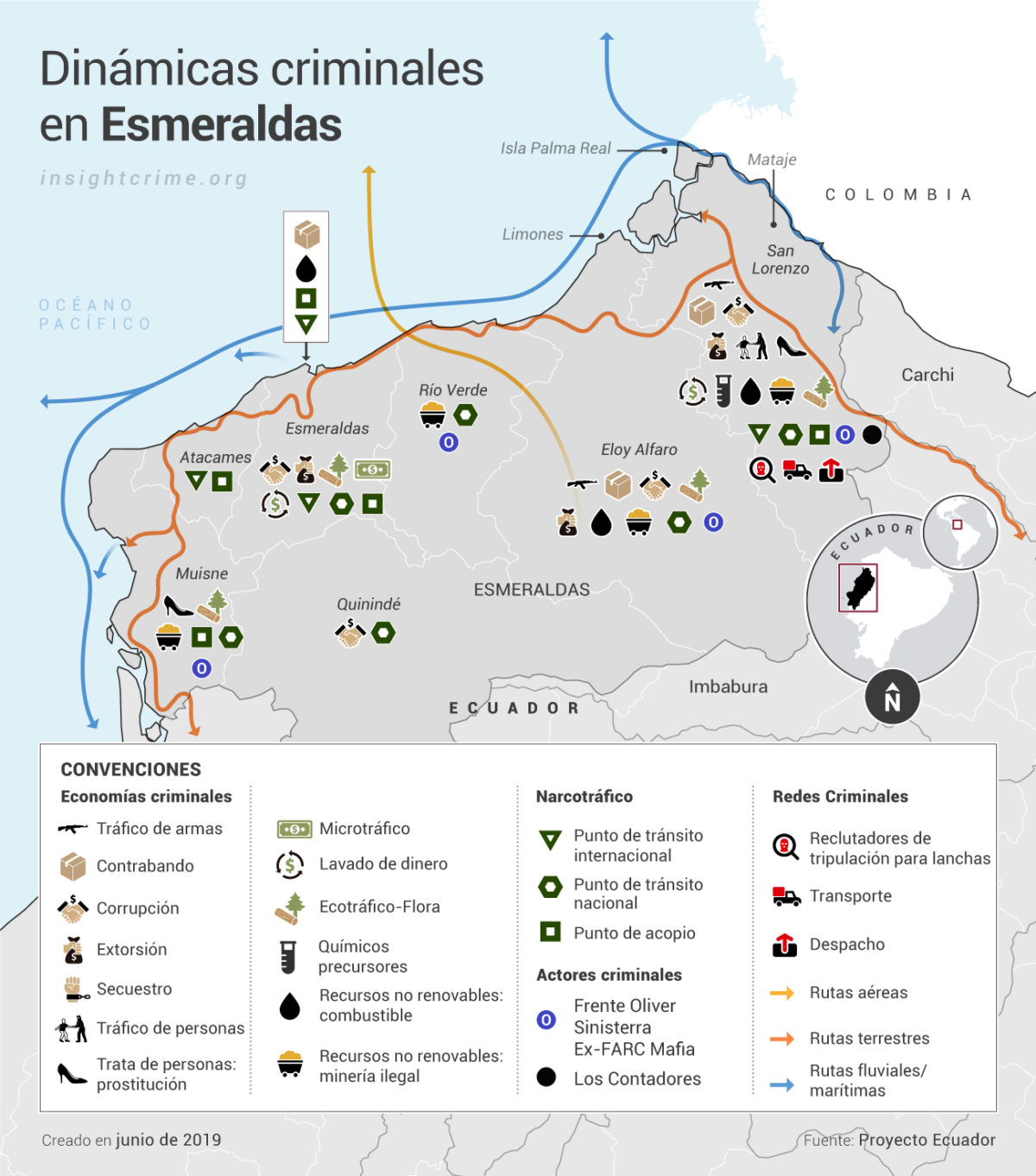 Ecuador Esmeraldas Actores y economias criminales Map InSight Crime 01 07 2019 copy