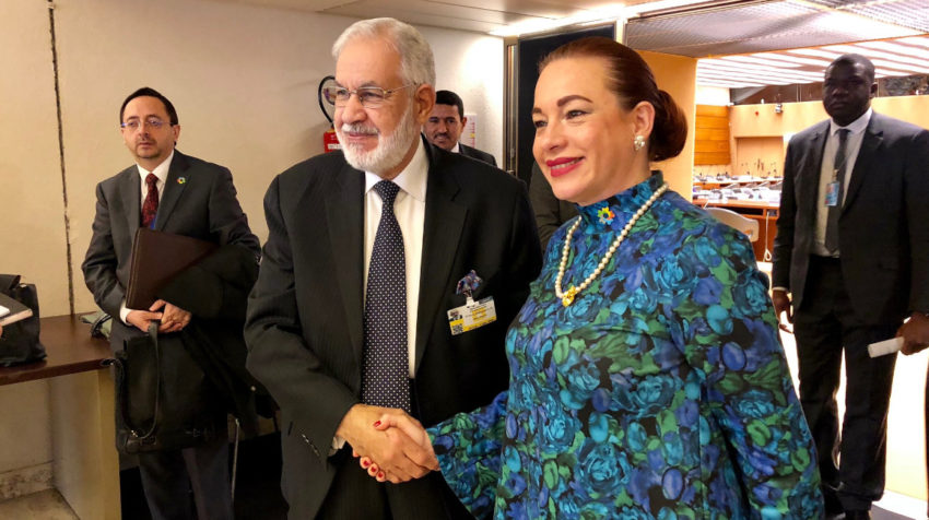 Reunión de la excanciller María Fernanda Espinosa con el canciller de Libia, en la sede de la ONU en Ginebra, el 27 de febrero de 2018.