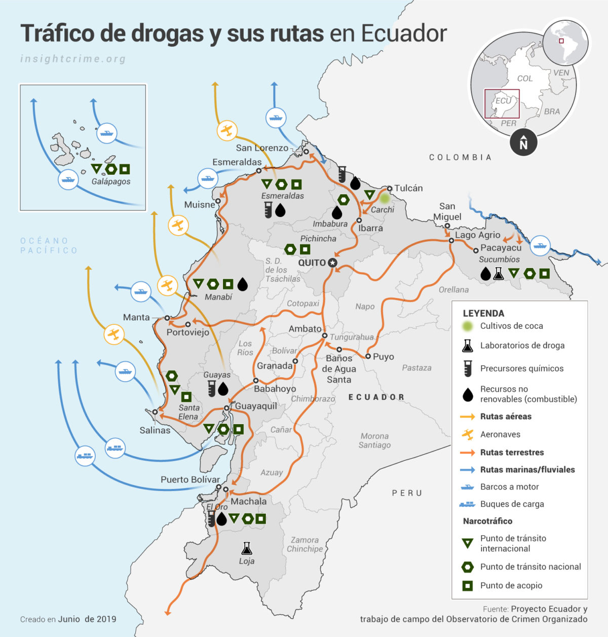 Ecuador Rutas y economias criminales Map InSight Crime 14 06 2019