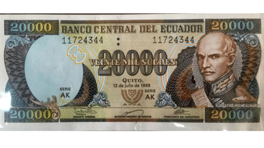 Billete de 20.000 sucres donde aparece Gabriel García Moreno. 