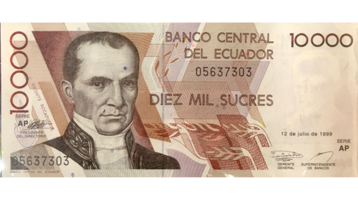 Billete de 10.000 sucres donde aparece Vicente Rocafuerte. 