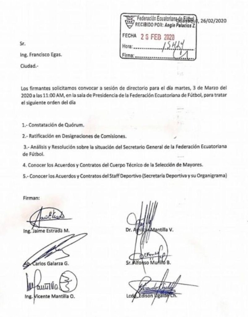 La carta que enviaron los miembros del directorio a Francisco Egas. 