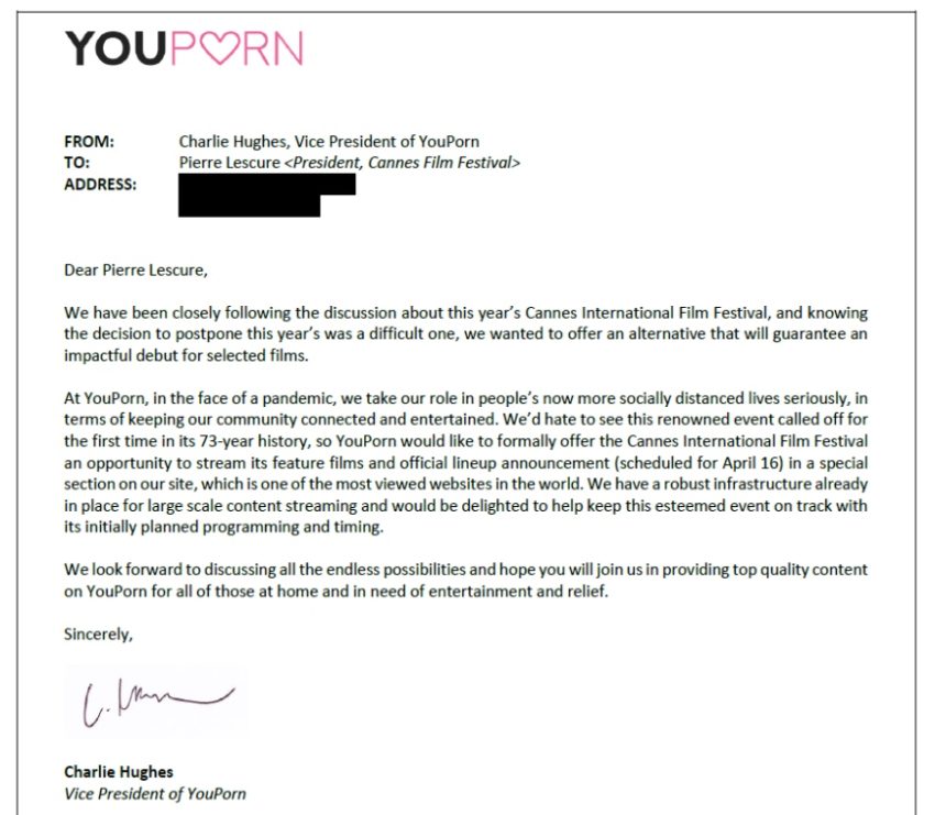 La carta que Charlie Hughes, de YouPorn, envío al Festival de Cannes, este 23 de marzo.