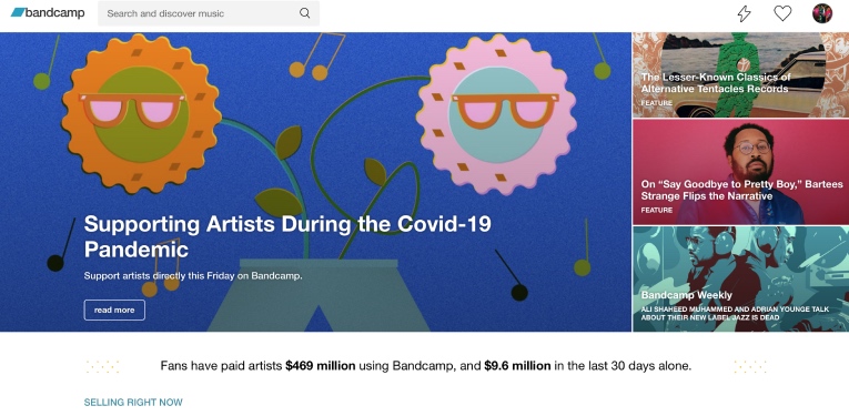 La página de inicio de Bandcamp muestra que en los últimos 30 días, loa artistas han recibido USD 9.6 millones.