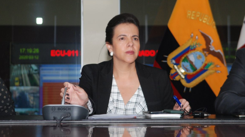 La ministra de Gobierno, María Paula Romo, durante una intervención ante la prensa el 12 de marzo de 2020.