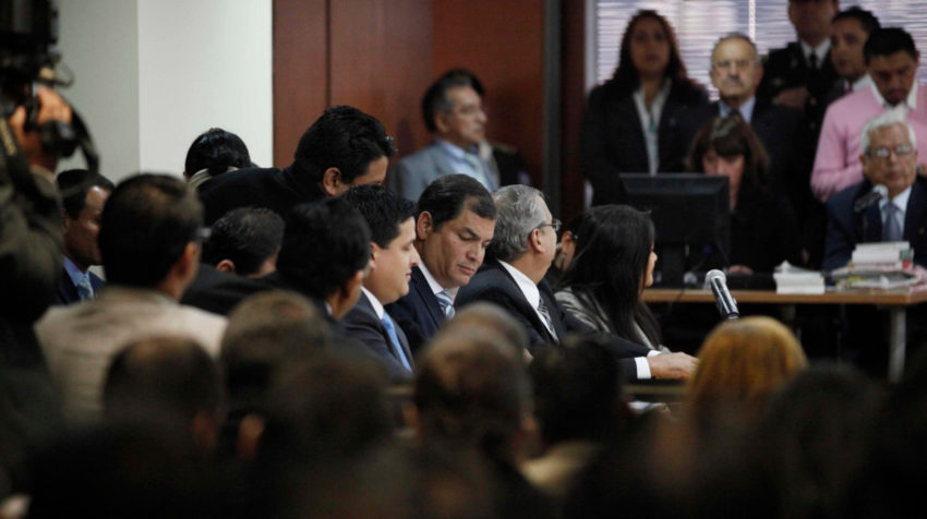 El expresidente Rafael Correa en la audiencia de casación en el caso del diario El Universo, en 2012.