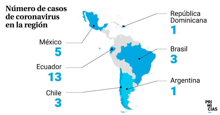Países afectados por el coronavirus hasta el jueves 5 de marzo de 2020.