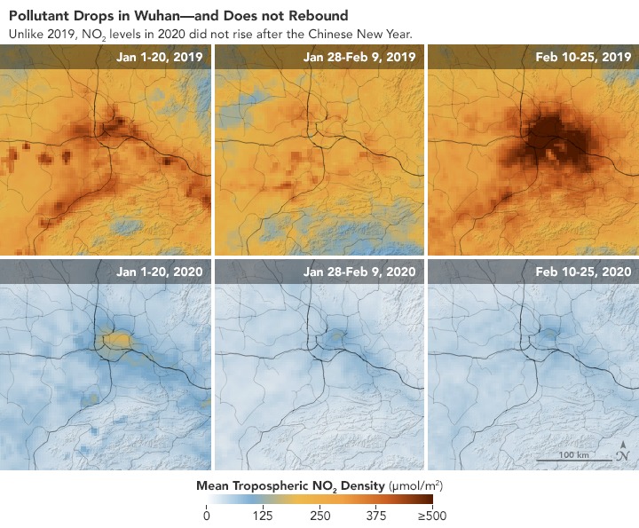 Imágenes satelitales de la NASA y la ESA muestran los niveles de dióxido de nitrógeno en China antes y después de la cuarentena determinada por el coronavirus en ese país.