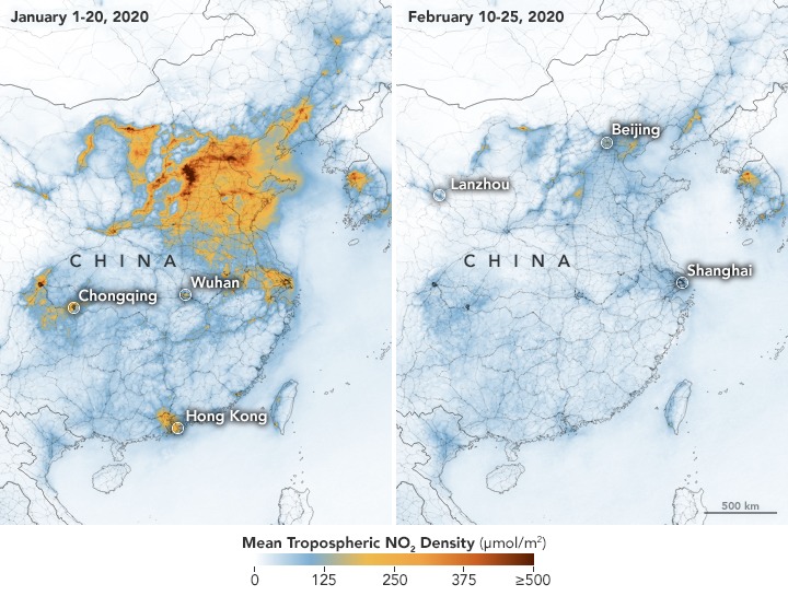 Este mapa, creado con imágenes satelitales de la NASA y la ESA, muestra los niveles de dióxido de nitrógeno en China antes y después de la cuarentena determinada por el coronavirus en ese país.