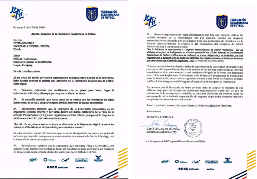 Carta de respuesta de la FEF a FIFA y Conmebol.