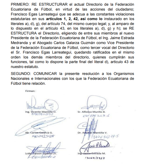 Carta firmada por seis miembros del directorio de la FEF.