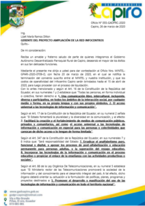 Oficio enviado por el Gobierno Autónomo Descentralizado Parroquial "Capiro", el 26 de marzo de 2020.