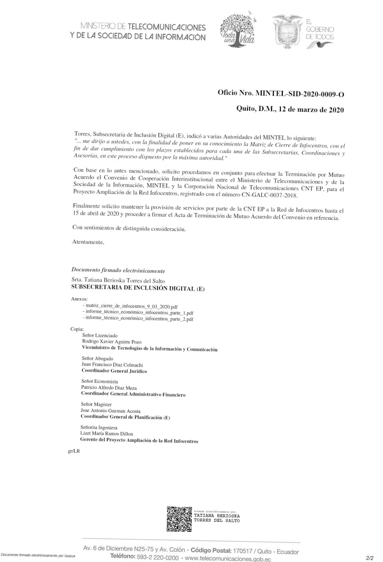 Oficio de Liquidación del Convenio suscrito entre el Mintel y CNT, enviado el 12 de marzo.