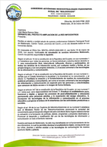 Oficio enviado por el Gobierno Autónomo Descentralizado Parroquial "Maldonado", el 26 de marzo de 2020.