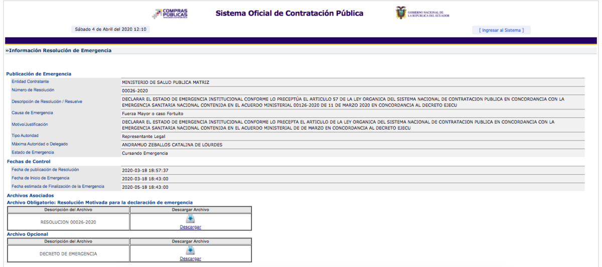 Captura del proceso de emergencia del Ministerio de Salud en el portal de Compras Públicas, el 4 de abril de 2020.