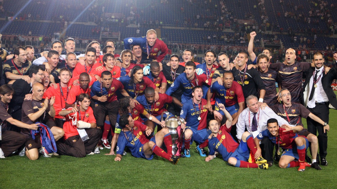 El plantel completo del FC Barcelona, que el 27 de mayo de 2009 ganó la Champions League en Roma.