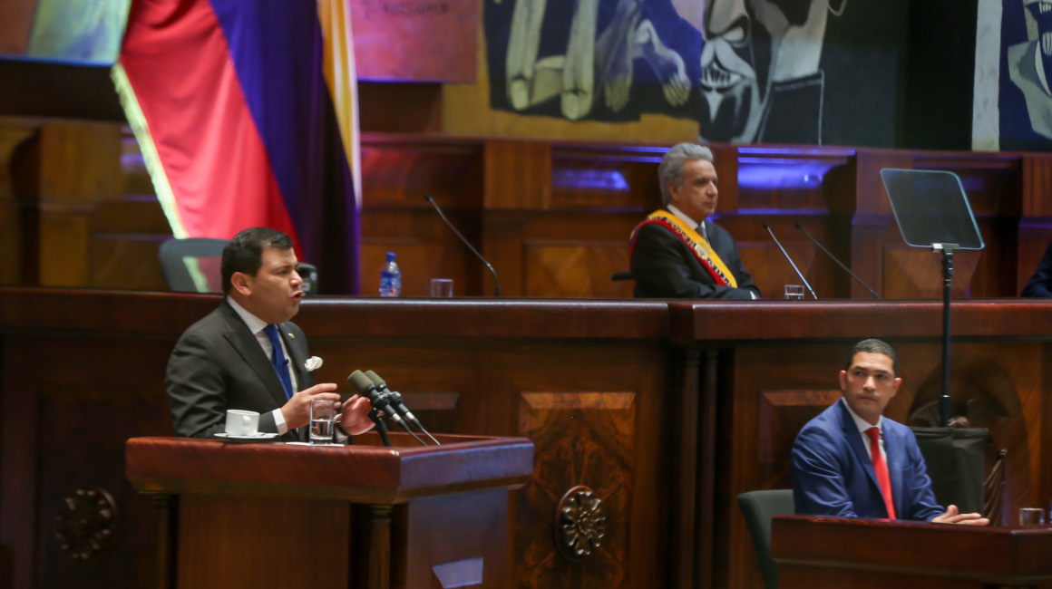El presindente de la Asamblea, César Litardo, durante su discurso en el Informe a la Nación, el 24 de mayo de 2020.