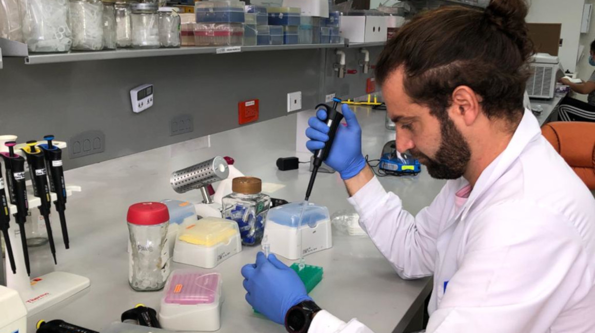 Miguel Ángel García, investigador de la UDLA, en el laboratorio analizando las muestras de tuberculosis.