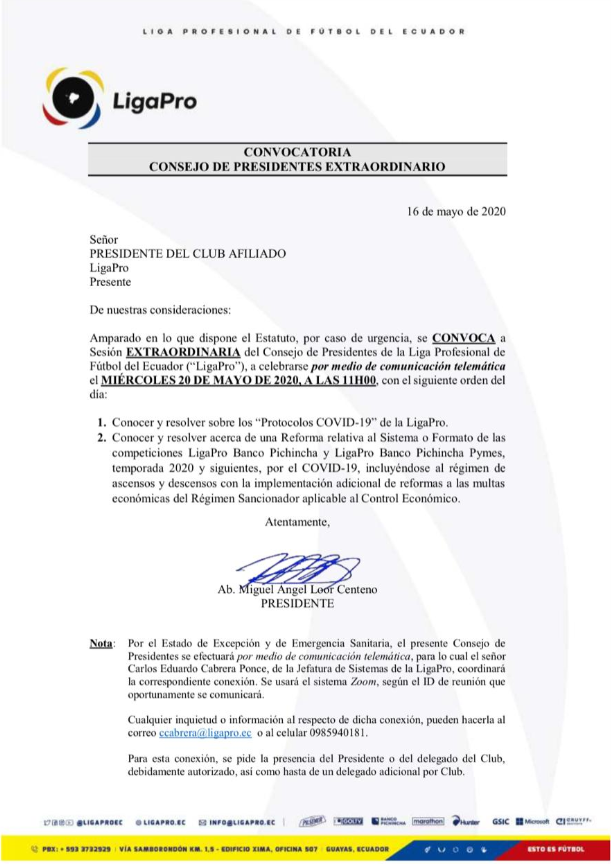 Convocatoria de LigaPro al Consejo de Presidentes.