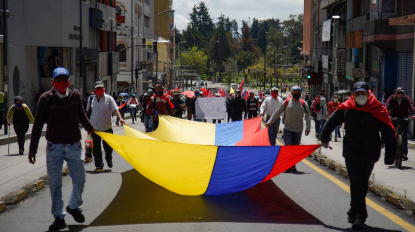 Marcha de gremios de trabajadores y estudiantes en Quito, el 18 de mayo de 2020. 