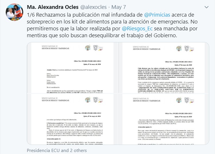 La respuesta de Alexandra Ocles a PRIMICIAS vía Twitter, el 7 de mayo de 2020.