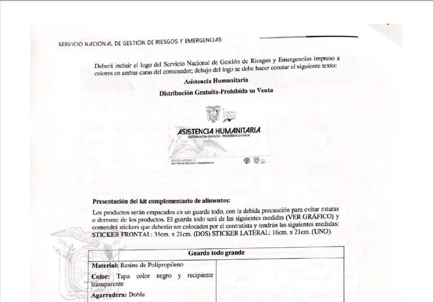 Términos de referencia del contrato de kits alimenticios de la Secretaría de Gestión de Riesgos.