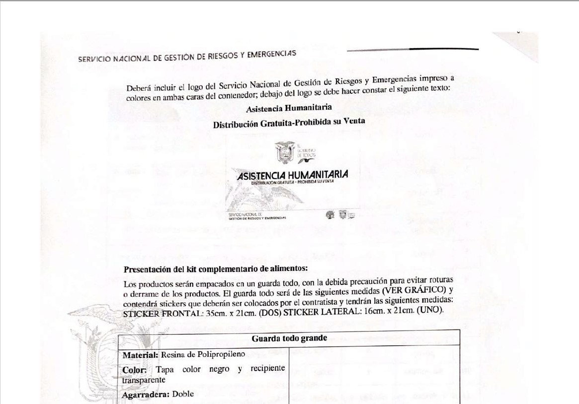 Términos de referencia del contrato de kits alimenticios de la Secretaría de Gestión de Riesgos.