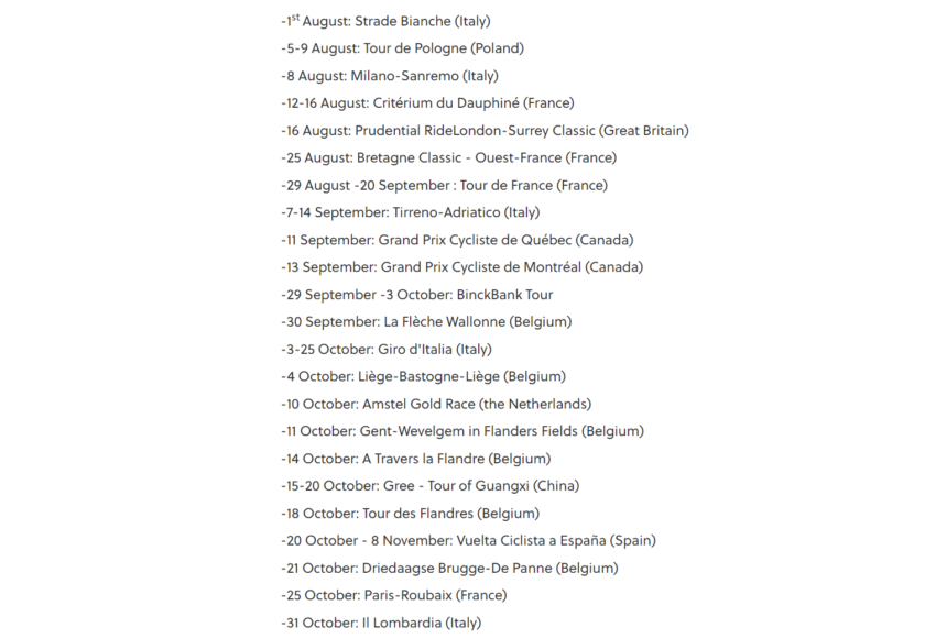 Calendario de las 23 competencias World Tour que ha reprogramado la UCI.