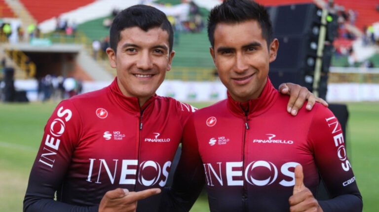 Richard Carapaz y Jhonatan Narváez en la presentación del Tour Colombia 2.1, en enero de 2020.