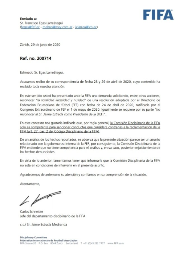 Documento de FIFA del lunes 29 de junio donde rechaza solicitud de Egas.