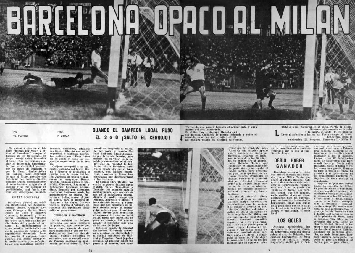 Publicación de Revista Estadio, después del partido entre Barcelona y AC Milan, en 1966.