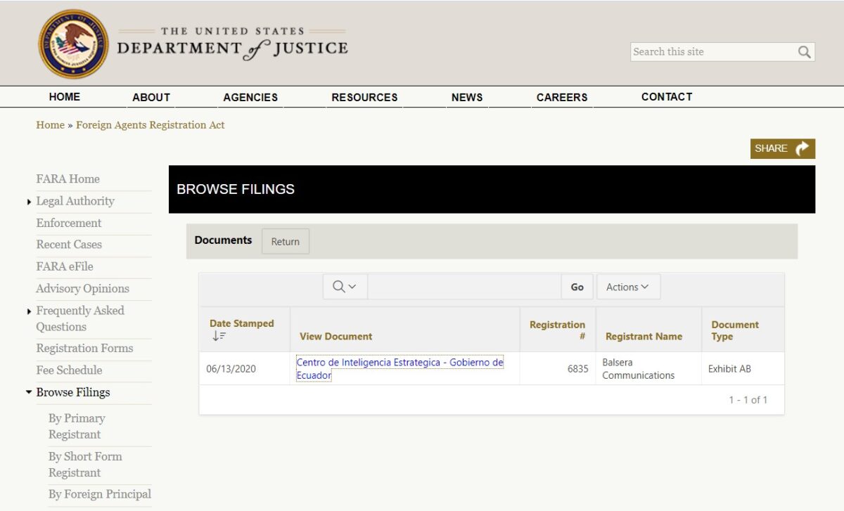 Sitio de registro de actividades de los agentes internacionales del Departamento de Justicia de Estados Unidos.