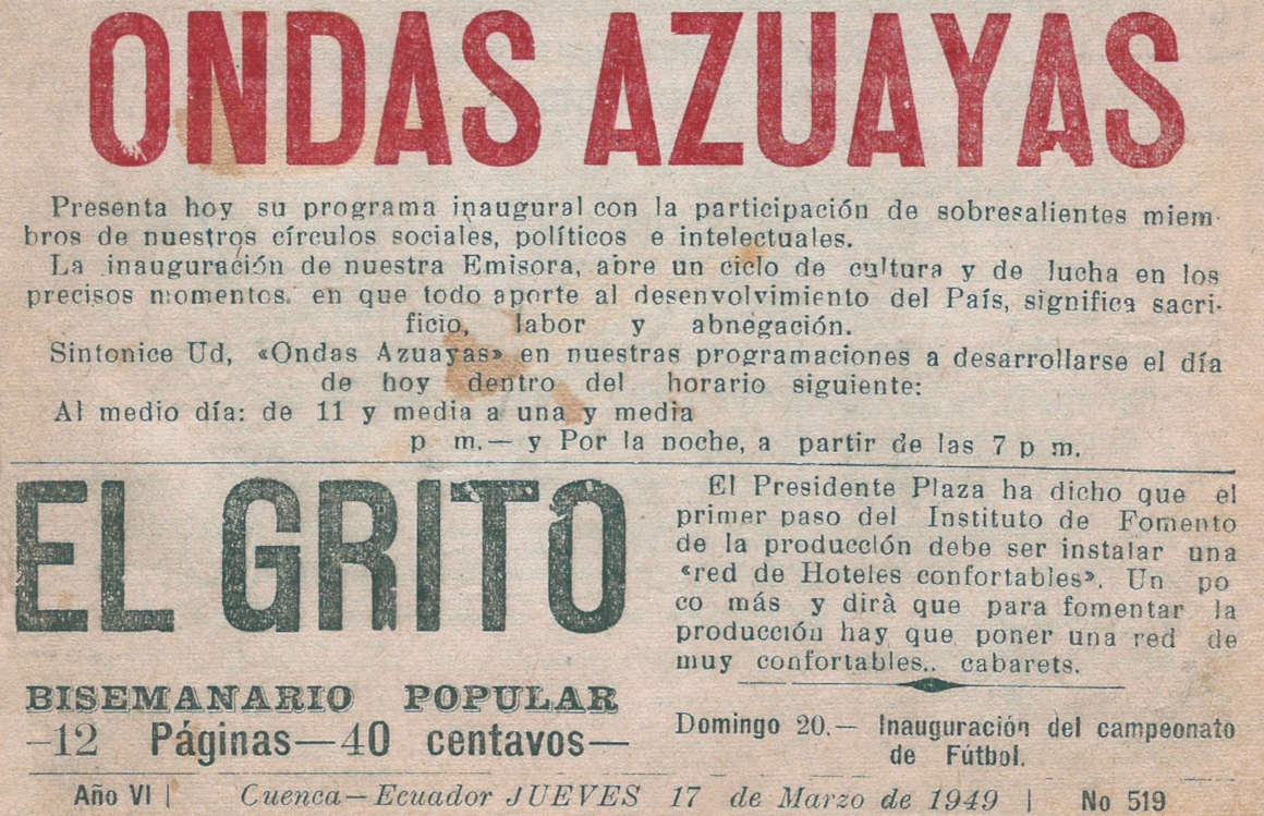 Anuncio de prensa del 17 de marzo de 1949 sobre la primera emisión de la radio Ondas Azuayas.